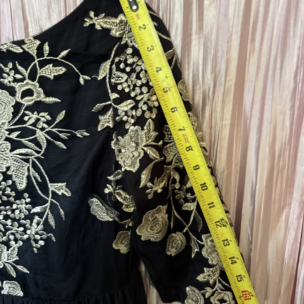 Black & Gold Embroidered Chiffon– 3/4 Sleeve Formal Evening Cocktail Dress Sz XL - Picture 5 of 8